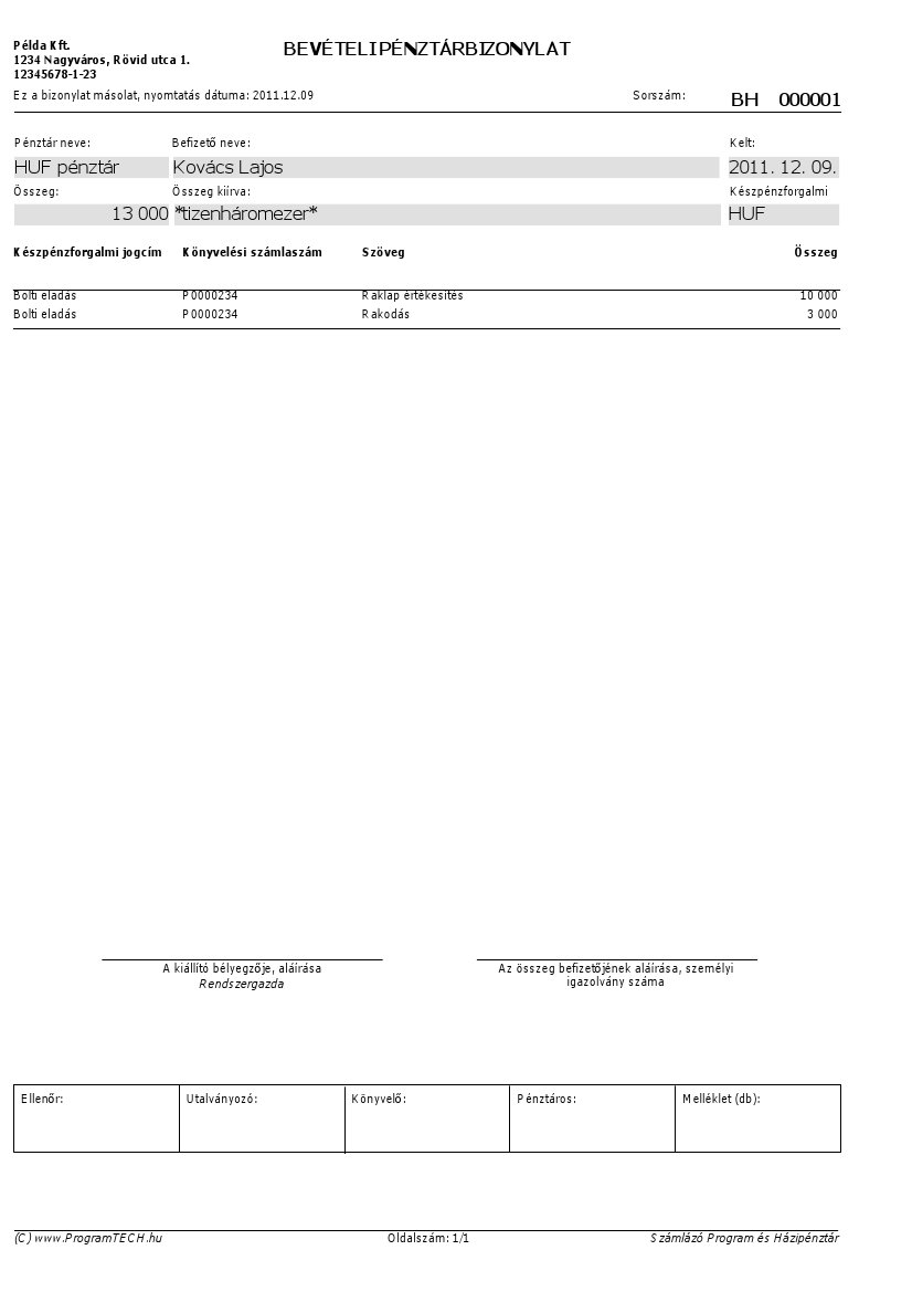 Házipénztár bevételi pénztárbizonylat nyomtatási képe
