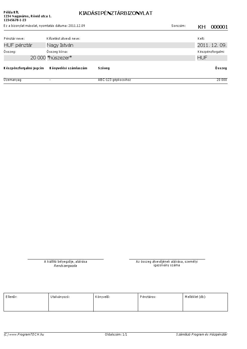 Házipénztár kiadási pénztárbizonylat nyomtatási képe