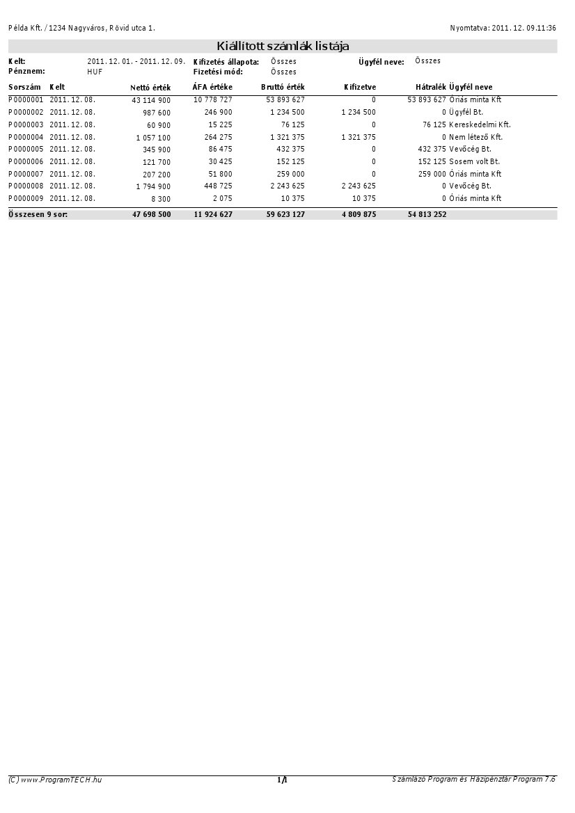 Időszaki számlaösszesítő nyomtatási képe